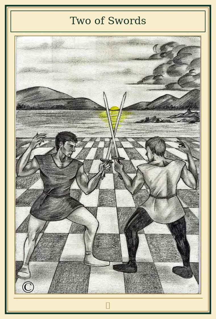 Full presentation of Two of Swords tarot card featuring original illustration by Wayne McGuire