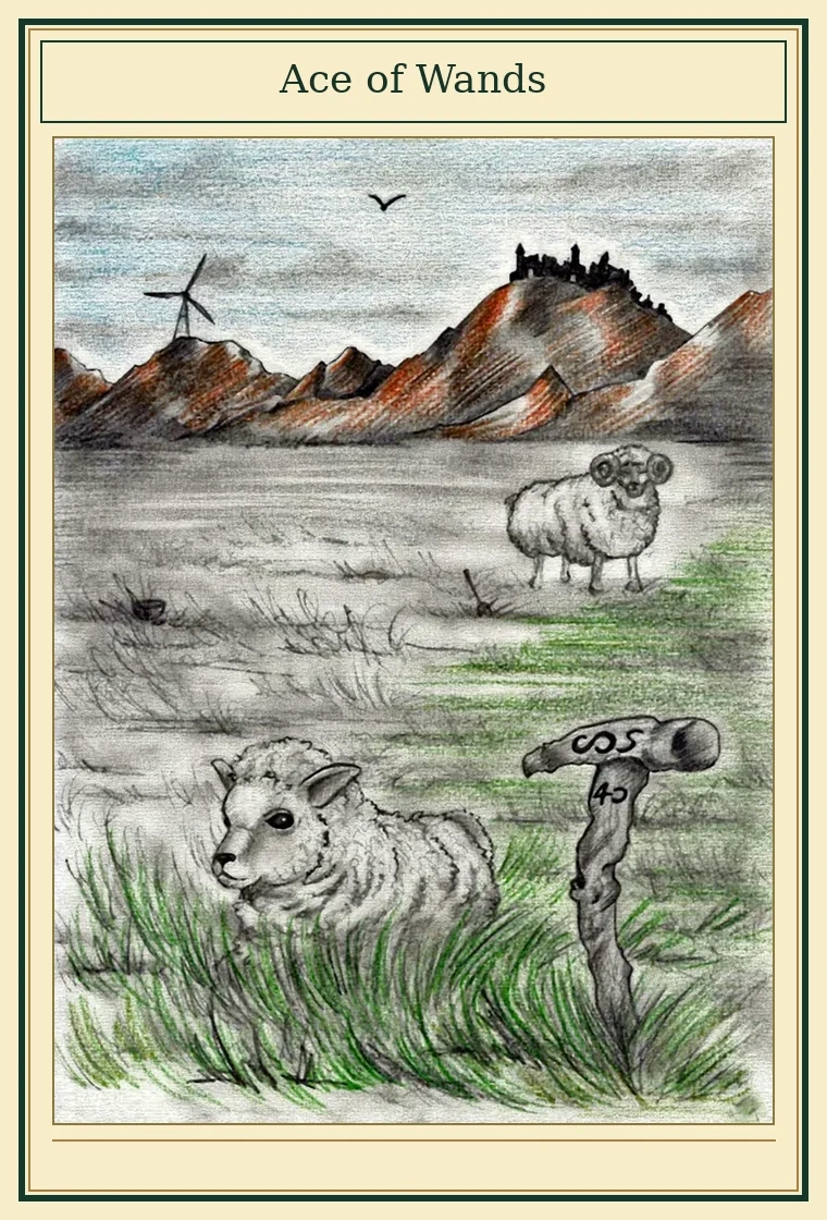 Full presentation of Ace of Wands tarot card featuring original illustration by Wayne McGuire