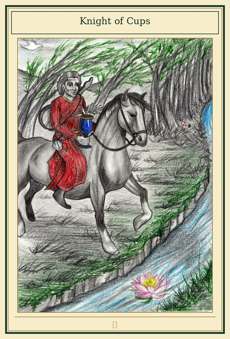 Full presentation of Knight of Cups tarot card featuring original illustration by Wayne McGuire