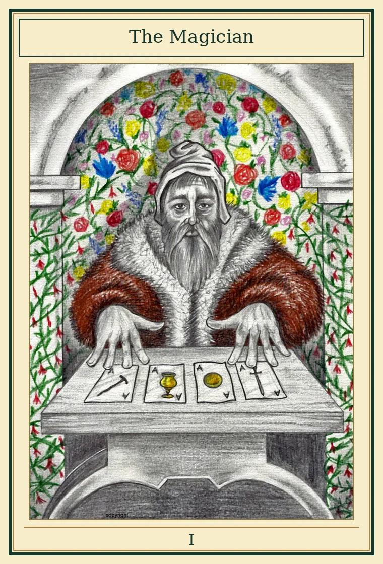 The Magician shown as a complete card with original illustration by Wayne McGuire