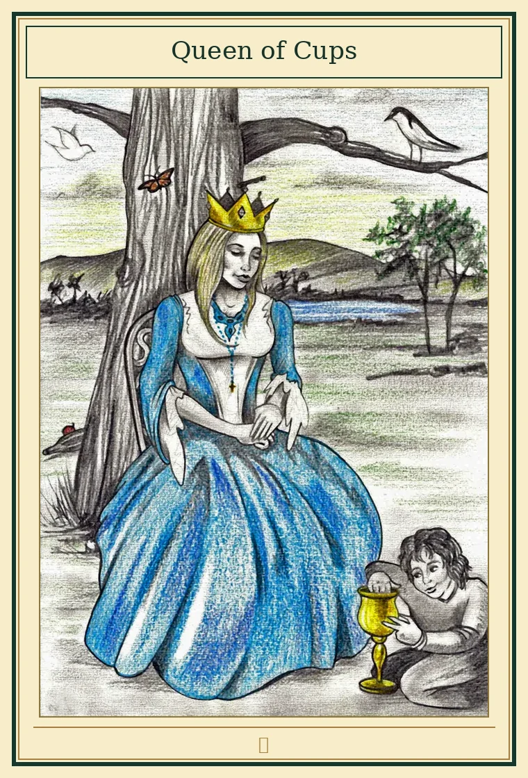 Full presentation of Queen of Cups tarot card featuring original illustration by Wayne McGuire