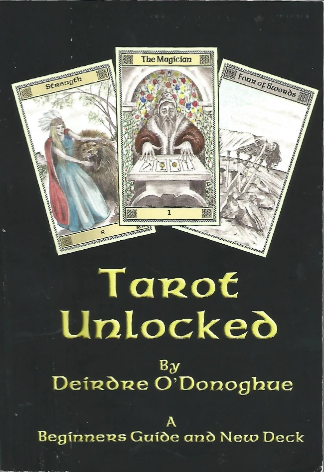 The real black Tarot Unlocked printed book cover, featuring three of Deirdre's cards